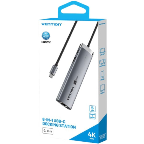 Док-станція USB3.2 Type-C -> HDMI/USB3.0/USB2.0/RJ45/SD/TF/PD 100W Hub 8-in-1 Vention