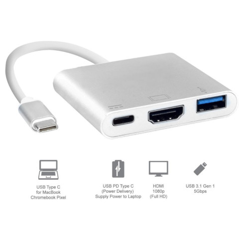 Док-станція USB3.1 Type-C -> HDMI/USB3.0/Type-C (F), кабель 0.1м, OEM