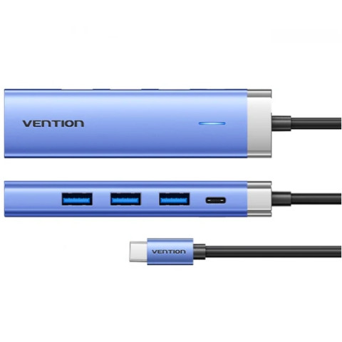 Док-станція USB3.1 Type-C -> HDMI/USB 3.0x3/PD 100W Blue Aluminum Alloy Hub 5-in-1 Vention