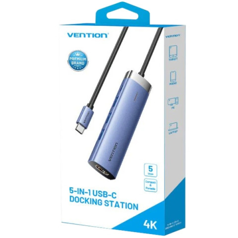 Док-станція USB3.1 Type-C -> HDMI/USB 3.0x3/PD 100W Blue Aluminum Alloy Hub 5-in-1 Vention
