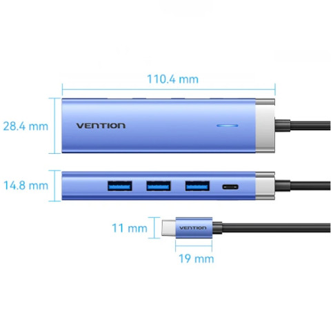 Док-станція USB3.1 Type-C -> HDMI/USB 3.0x3/PD 100W Blue Aluminum Alloy Hub 5-in-1 Vention