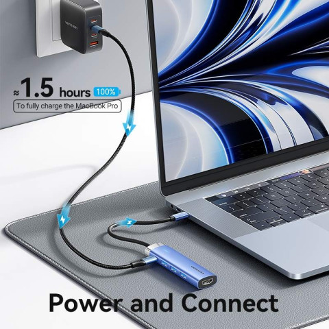 Док-станція USB3.1 Type-C -> HDMI/USB 3.0x3/PD 100W Blue Aluminum Alloy Hub 5-in-1 Vention