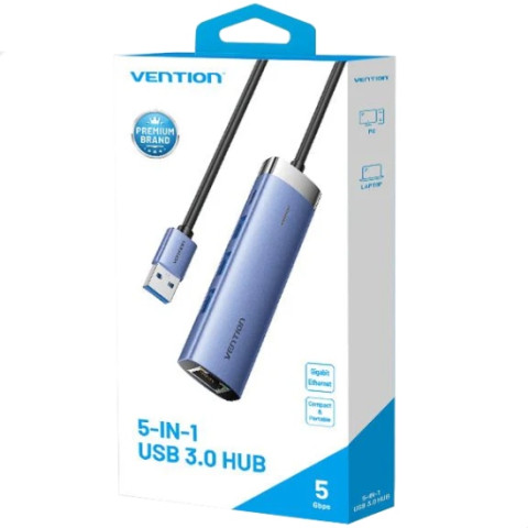 Хаб USB 3.0 -> 3xUSB 3.0/RJ45/USB-C Hub Blue Aluminum Alloy 5-in-1 Vention