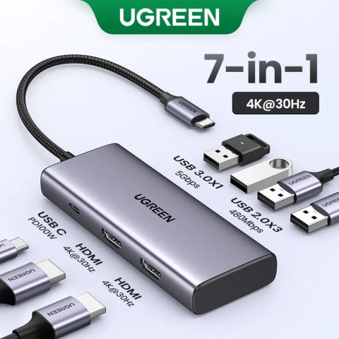 Док-станція USB3.0 Type-C -> HDMIx2/1хUSB-A 3.0/3хUSB-A 2.0/ PD MST CM498 Ugreen