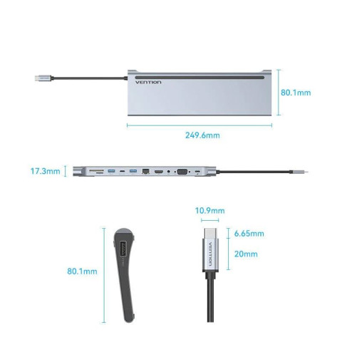 Док-станція USB3.1 Type-C -> HDMI/VGA/USB3.0x3/RJ45/SD/TF/TRRS 3.5mm/PD 100W Vention 11in1
