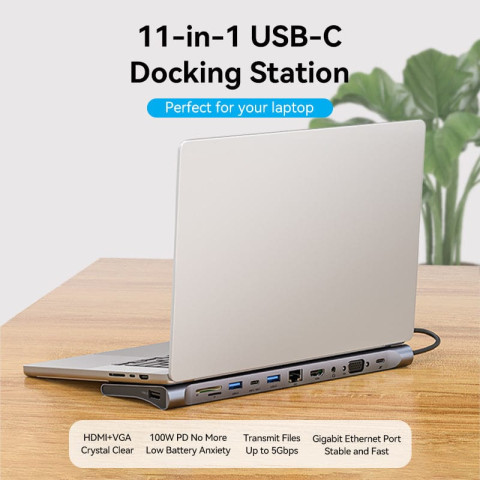 Док-станція USB3.1 Type-C -> HDMI/VGA/USB3.0x3/RJ45/SD/TF/TRRS 3.5mm/PD 100W Vention 11in1