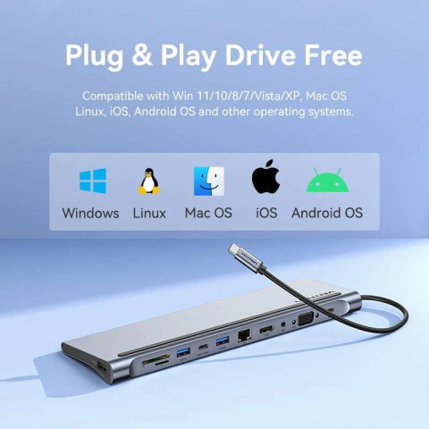 Док-станція USB3.1 Type-C -> HDMI/VGA/USB3.0x3/RJ45/SD/TF/TRRS 3.5mm/PD 100W Vention 11in1
