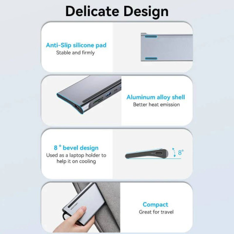 Док-станція USB3.1 Type-C -> HDMI/VGA/USB3.0x3/RJ45/SD/TF/TRRS 3.5mm/PD 100W Vention 11in1