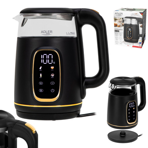 Електрочайник Adler AD 1305 black gold 1850-2200Вт/ 1.7л/ скло/ встановлення температури/