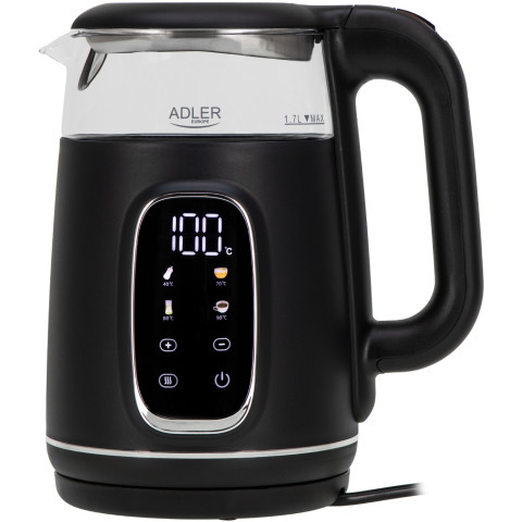 Електрочайник Adler AD 1305 black silver 1850-2200Вт/ 1.7л/ скло/ встановлення температури/