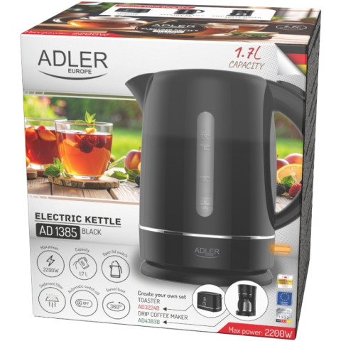 Електрочайник Adler AD 1385 black 2200Вт/ 1.7л/ пластик/ автовимкнення/ чорний