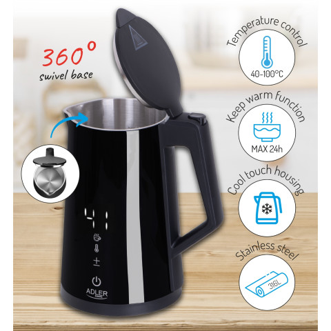 Електрочайник Adler AD 1345 black 1850-2200Вт/ 1.7л/ STRIX/ встановлення температури/
