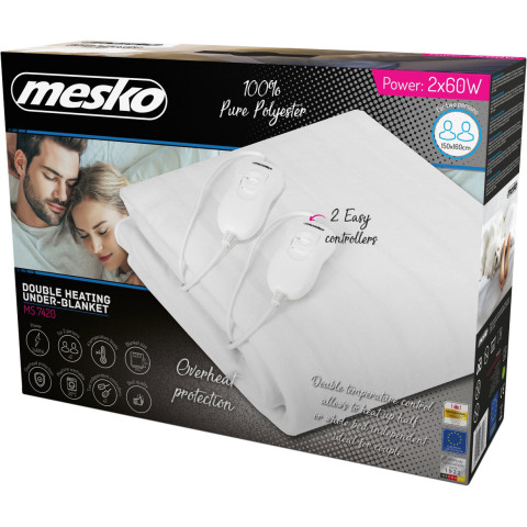 Електропростирадло Mesko MS 7420 двоспальне/ 2х60 Вт/ 150x160/ 4 рівні нагріву/ поліестер/ біла