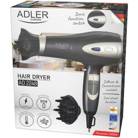 Фен Adler AD 2248 grey champane 2200Вт/ 2 швидкості/ хол.обдув/ темп.режимів-3/ іонізація/ дифузор