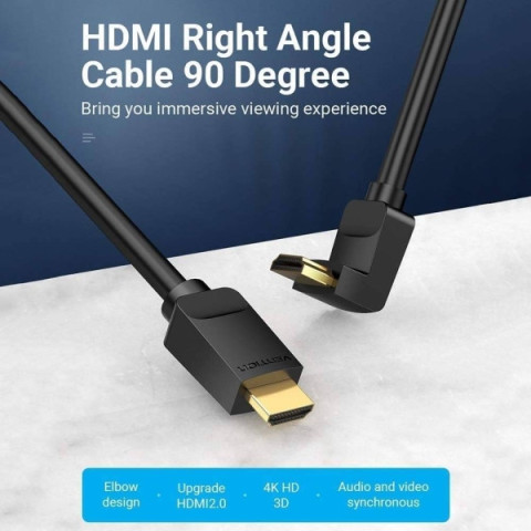 Кабель HDMI M - M, 2.0 м, V2.0, 4K 60Гц, кут 90°, PVC, чорний Vention