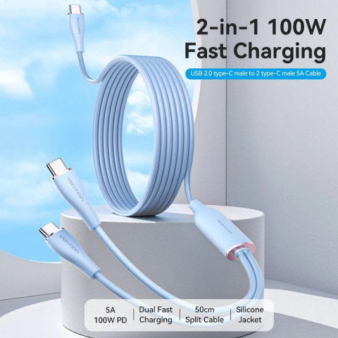 Кабель USB 2.0 Type-C M - 2хType-C M Y-Splitter 1.5м 100W Blue Silicone Type Vention