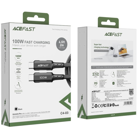 Кабель USB 2.0 Type-C M-M, 2 м, 100W C4-03, zinc alloy, Black, Acefast