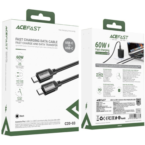 Кабель USB 2.0 Type-C M-M, 1.2 м, 60W aluminum alloy Black, C20-03 Acefast