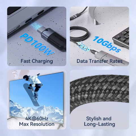 Кабель продовжувач USB 3.2 Gen2 Type-C M-F 1.0 м 100W 10Gbps 4K60HZ Vention