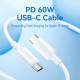 Кабель USB 2.0 Type-C M-M, 1.0 м 60W White Nickel-Plated Vention