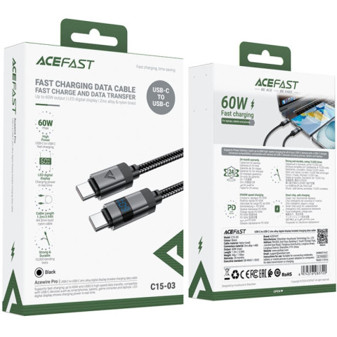 Кабель USB 2.0 Type-C M-M, 1.2 м 60W digital display Black, C15-03 Acefast