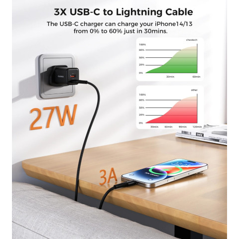 Кабель USB 3.1 Type-C M-Lightning M, 1.0м, чорний, 27W PD, Choetech