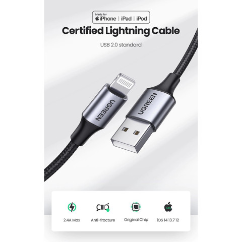 Кабель USB 2.0 AM-Lightning M, 2 м, 2.4A, Чорний, US199 UGREEN