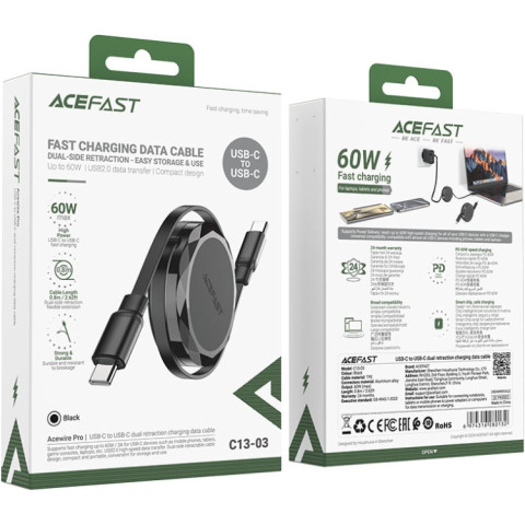 Кабель USB 2.0 Type-C M-M, 0.8м 60W dual retraction Black, C13-03 Acefast