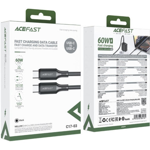 Кабель USB 2.0 Type-C M-M, 1.2 м, 60W silicone C17-03 Black Acefast
