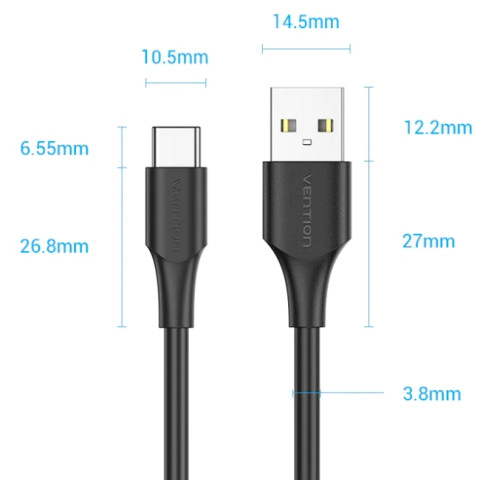 Кабель USB 2.0 AM-Type-C M, 3.0 м, 60W PVC чорний Vention