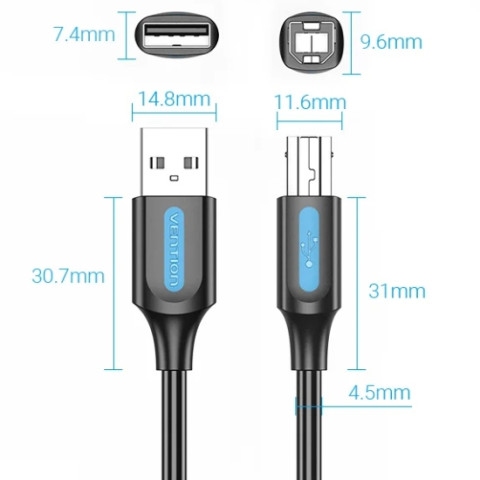 Кабель USB 2.0 AM-BM, 1.0 м, 480Mbps Printer PVC чорний Vention