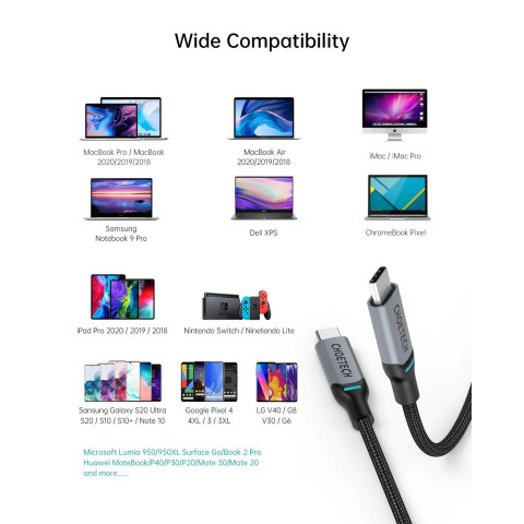 Кабель USB 2.0 Type-C M-M, 1.8 м, 100W, обплетення, PD, чорний Choetech
