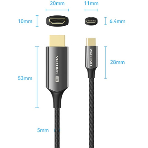 Кабель USB 3.1 Type-C M - HDMI M, 1.8m V2.0 8K 60 Гц Zinc Alloy TPE Black Vention