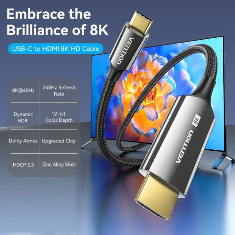Кабель USB 3.1 Type-C M - HDMI M, 1.8m V2.0 8K 60 Гц Zinc Alloy TPE Black Vention
