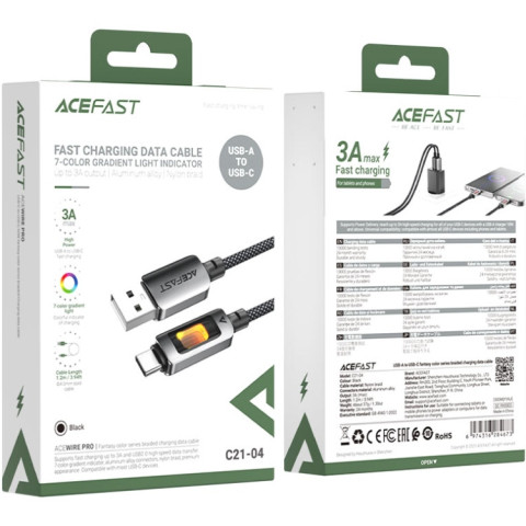 Кабель USB 2.0 AM-Type-C M, 1.2 м, 60W C21-04, aluminum alloy, color indicator, Black Acefast