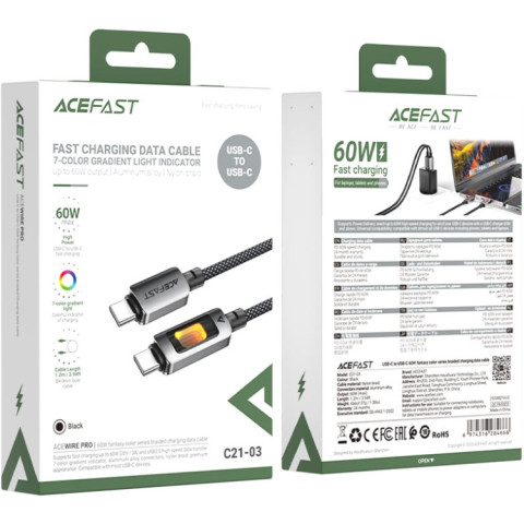 Кабель USB 2.0 Type-C M-M, 1.2 м 60W C21-03, aluminum alloy, color indicator, Black Acefast