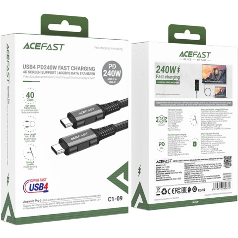 Кабель USB 4.0 Type-C M-M, 1 м 240W, Thunderbolt 3/4 compatible, C1-09 Black-grey Acefast