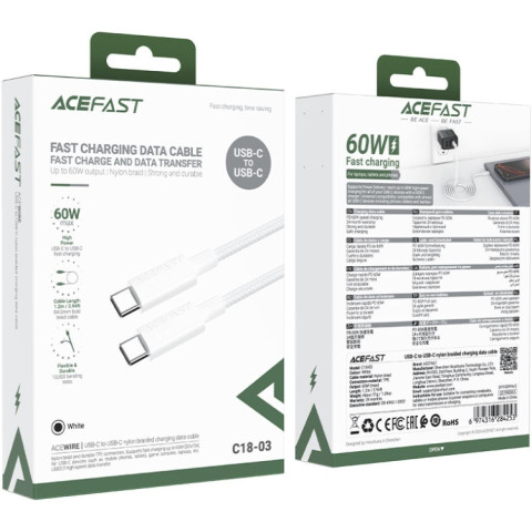 Кабель USB 2.0 Type-C M-M, 1.2 м, 60W C18-03 White Acefast