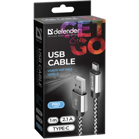 Кабель USB 2.0 AM-Type-C M, 1.0 м, білий, 09-03T PRO Defender