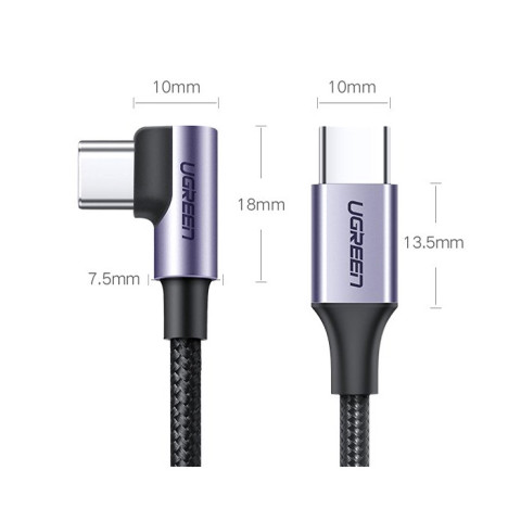 Кабель USB 2.0 Type-C M-M, 3 м, 90°, 60W Чорний, US255 UGREEN