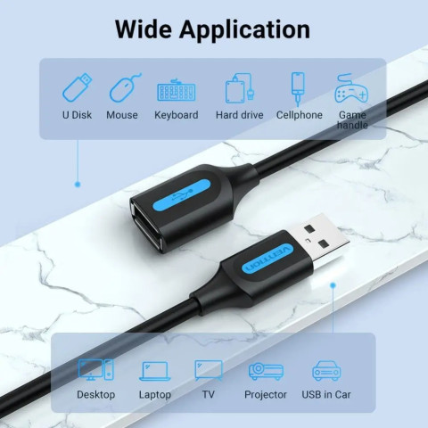Кабель продовжувач USB 2.0 M - USB 2.0 F 1.5м, PVC Type чорний, Vention
