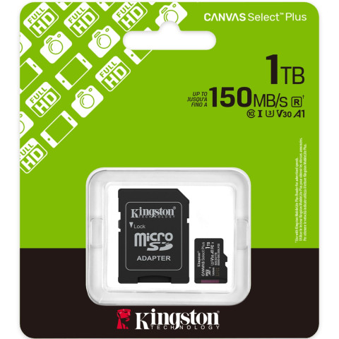 Memory card microSDXC 1TB Kingston Canvas Select Plus Gen3 C10 A1 V30 U3, Retail + adapter