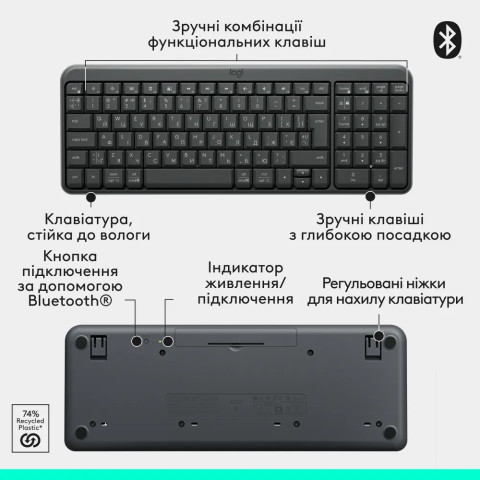 Клавіатура бездротова LOGITECH K250 UKR, 2.4GHZ/BT, Graphite