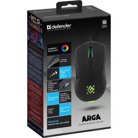 Мишка Defender Arga GM-049, 6кн. 3600 dpi, +коврик, rainbow, чорна