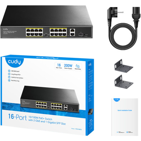 Комутатор Cudy FS1018PS1, 16 порт 10/100M PoE+ Switch with 2 Gigabit Uplink and 1 SFP Port 200W