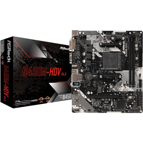 ASRock B450M-HDV R4.0 (AM4/B450, 2*DDR4, PCIex16, DVI-D/HDMI/VGA, 4xSATA, M.2, GLan, 8ch, mATX)