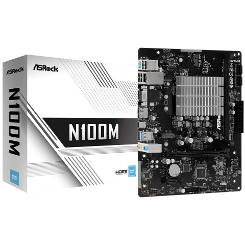 ASRock N100M (Quad-Core N100 3.4GHz, 1xDDR4 DIMM, VGA/HDMI/DP, 1*PCIe, 2xSATA, M.2, GLan, mATX)