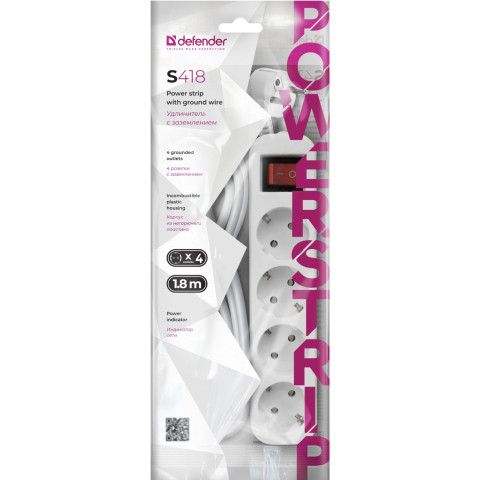 Power filtr 1.8м Defender S418, 4 розетки, з вимикачем, заземленням