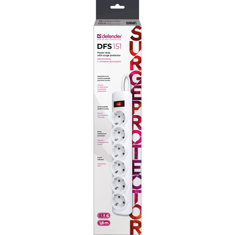 Power filtr 1.8м Defender DFS151, 6 розеток, білий