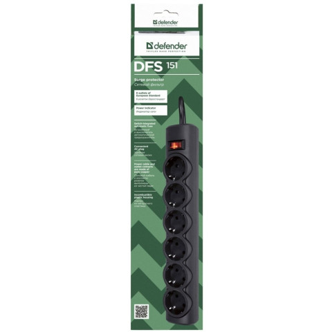 Power filtr 1.8м Defender DFS151, чорний, 6 розеток, з вимикачем